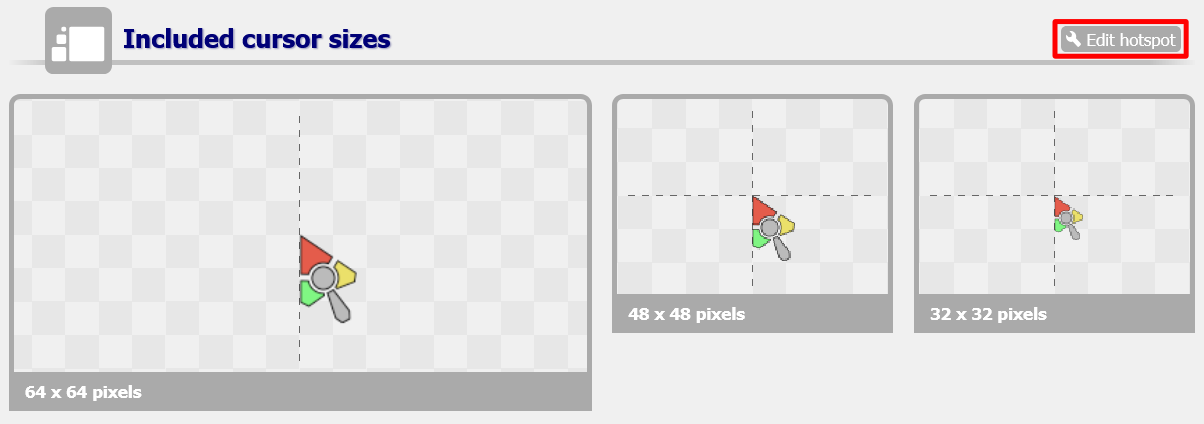 A screenshot of the Included cursor sizes section on a cursor's page. The Edit hotspot button is outlined in red. image
